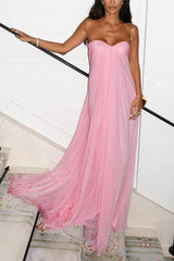 Pink Strapless A-Line Tulle Long Prom Dress