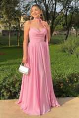 Pink Strapless Chiffon A-line Long Prom Dress