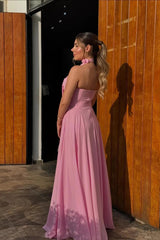 Pink Strapless Chiffon A-line Long Prom Dress
