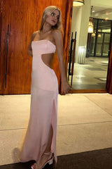 Pink Strapless Sheath Cut Out Long Prom Dress with Slit