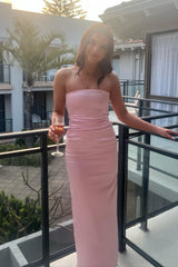 Pink Strapless Sheath Ruched Satin Long Prom Dress