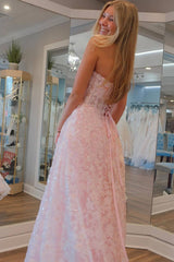 Pink Sweetheart A-Line Long Corset Prom Dress with Appliques