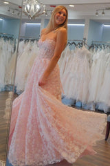 Pink Sweetheart A-Line Long Corset Prom Dress with Appliques