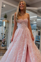 Pink Sweetheart A-Line Long Corset Prom Dress with Appliques