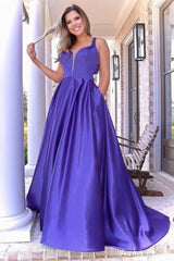 Purple A-Line Spaghetti Straps Satin Long Prom Dress with Sleeveless