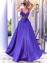 Purple A-Line Spaghetti Straps Satin Long Prom Dress with Sleeveless
