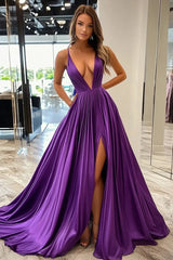 Purple A Line Satin Spaghetti Straps Long Prom Dress with Slit