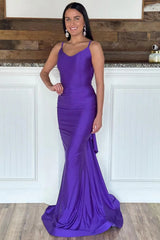 Purple Mermaid Ruffles Spaghetti Straps Long Prom Dress