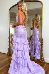 Purple Ruffled Sheath Applique Long Prom Dress with Slit