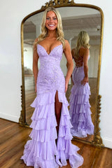 Purple Ruffled Sheath Applique Long Prom Dress with Slit