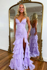 Purple Ruffled Sheath Applique Long Prom Dress with Slit