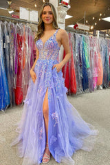 Purple Tulle Spaghetti Straps A-Line Applique Long Prom Dress with Slit