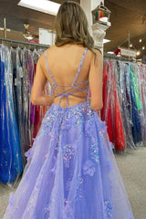 Purple Tulle Spaghetti Straps A-Line Applique Long Prom Dress with Slit