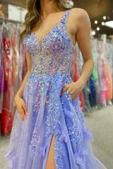 Purple Tulle Spaghetti Straps A-Line Applique Long Prom Dress with Slit