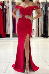 Red Mermaid Off the Shoulder Long Prom Dress with Slit