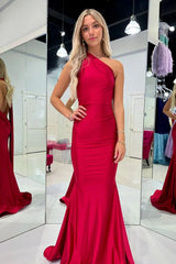 Red Mermaid One Shoulder Backless Satin Long Prom Dress
