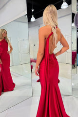 Red Mermaid One Shoulder Backless Satin Long Prom Dress
