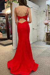 Red Mermaid Spaghetti Straps Satin Long Prom Dress