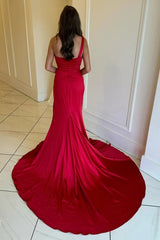 Red Ruched One Shoulder Mermaid Long Prom Dress with Slit
