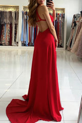Red Satin Spaghetti Straps A-Line Long Prom Dress with Slit