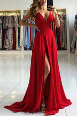 Red Satin Spaghetti Straps A-Line Long Prom Dress with Slit