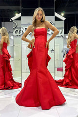Red Satin Sweetheart Mermaid Long Prom Dress with Ruffles