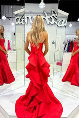 Red Satin Sweetheart Mermaid Long Prom Dress with Ruffles