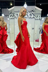 Red Satin Sweetheart Mermaid Long Prom Dress with Ruffles