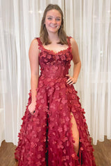 Red Spaghetti Straps A-Line Long Prom Dress with Appliques