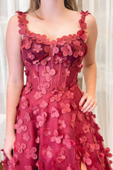 Red Spaghetti Straps A-Line Long Prom Dress with Appliques