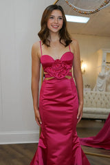 Red Spaghetti Straps Cut Out Mermaid Satin Long Prom Dress