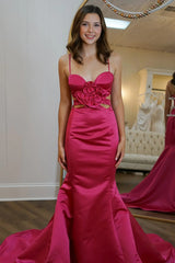 Red Spaghetti Straps Cut Out Mermaid Satin Long Prom Dress