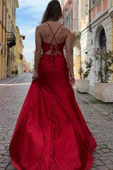 Red Spaghetti Straps Satin Mermaid Long Prom Dress