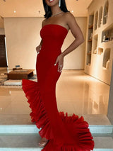 Red Strapless Mermaid Long Prom Dress with Ruffles
