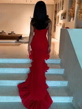 Red Strapless Mermaid Long Prom Dress with Ruffles