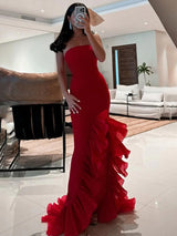 Red Strapless Mermaid Long Prom Dress with Ruffles