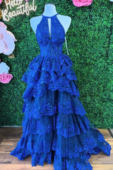 Royal Blue Halter Sequin Princess Long Prom Dress