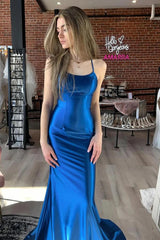 Royal Blue Mermaid Satin Long Prom Dress with Criss Cross Back