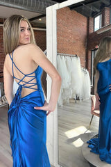 Royal Blue Mermaid Satin Long Prom Dress with Criss Cross Back