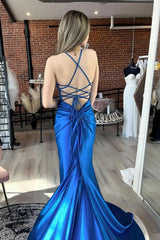Royal Blue Mermaid Satin Long Prom Dress with Criss Cross Back