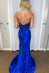 Royal Blue Satin Sweetheart Ruched Sheath Long Corset Prom Dress