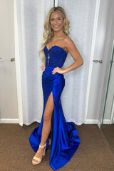Royal Blue Satin Sweetheart Ruched Sheath Long Corset Prom Dress