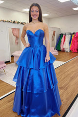 Royal Blue Strapless A Line Satin Long Prom Corset Dress with Bowknot