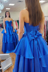 Royal Blue Strapless A Line Satin Long Prom Corset Dress with Bowknot