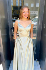 Sage Satin Spaghetti Straps Column Long Prom Dress