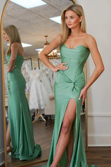 Sage Sweetheart Sheath Ruched Long Prom Dress with Slit