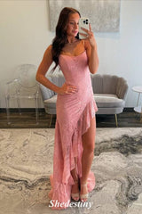 High-Low Ruffle Pink Mermaid Lace Prom Dress with Straps