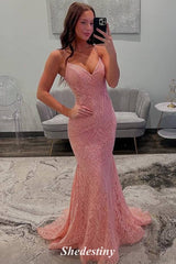 V-Neck Rose Pink Long Mermaid Lace Applique Prom Dress