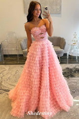 Rhinestone Pink A-Line Strapless Layered Prom Dress with Keyhole
