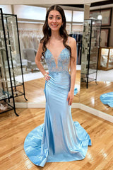 Sky Blue Satin Spaghetti Straps Sheath Long Prom Dress